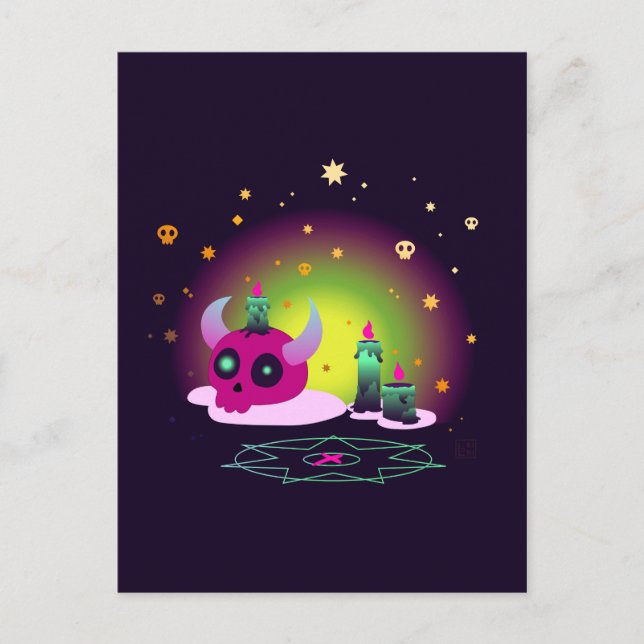 Carte Postale Crâne rose avec bougies occultes (Devant)