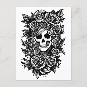 Carte Postale Crâne Rose Goth Dessin original à l'encre Art