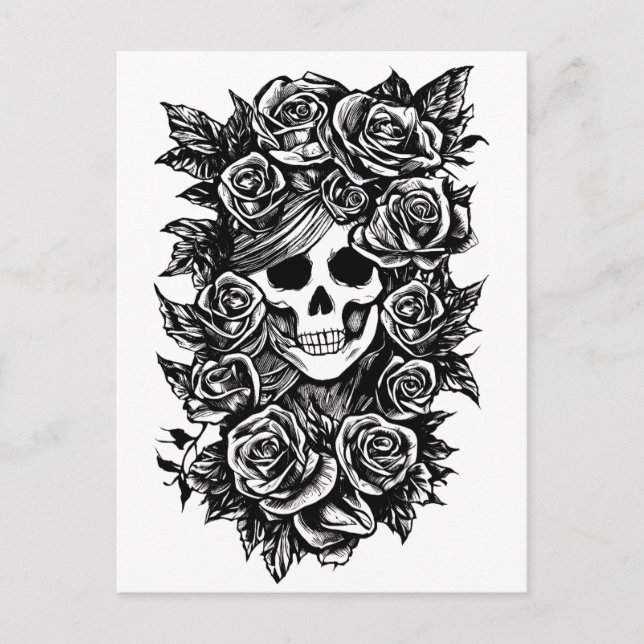 Carte Postale Crâne Rose Goth Dessin original à l'encre Art (Devant)