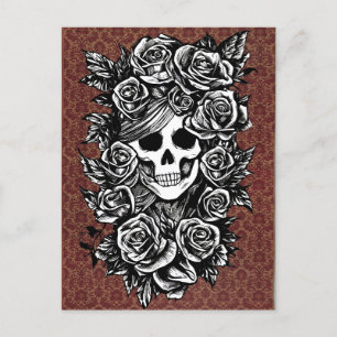 Carte Postale Crâne Rose Goth Dessin original à l'encre Art