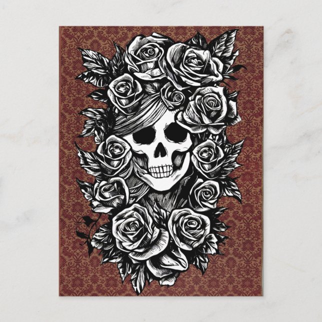 Carte Postale Crâne Rose Goth Dessin original à l'encre Art (Devant)