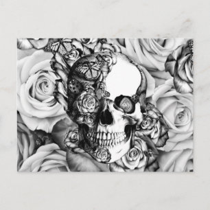 Carte Postale Crâne rose noir et blanc avec papillons