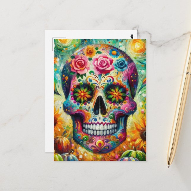 Carte Postale Crâne sucre Dia De Los Muertos Jour des Morts (Devant/Arrière en situation)