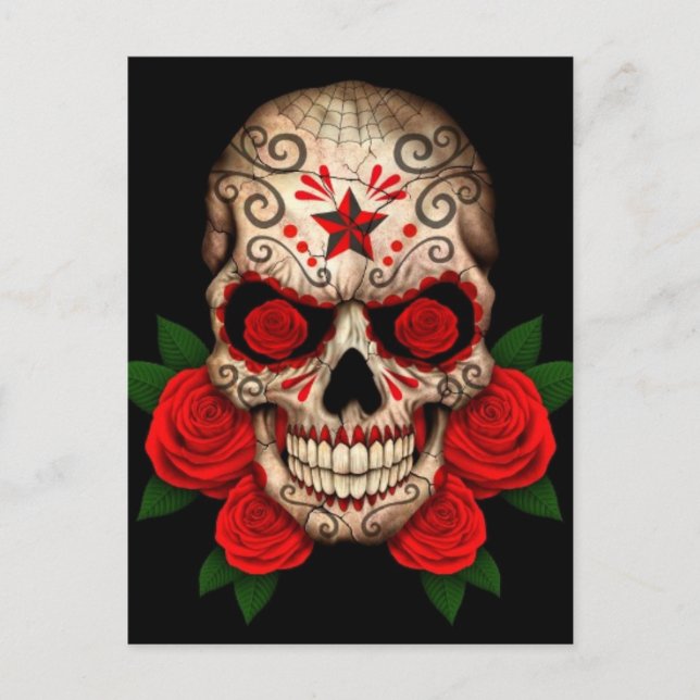 Carte Postale Crâne sucrier foncé aux roses rouges (Devant)