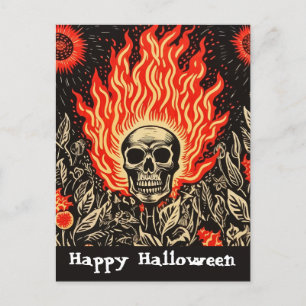 Carte Postale Crâne sur feu Linocut Art Halloween heureux