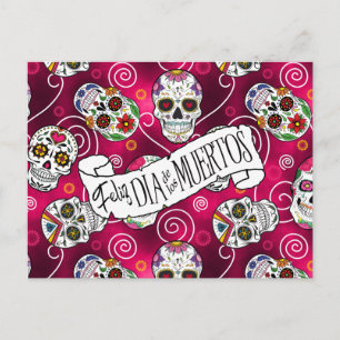 Carte Postale Crânes à sucre et tourbillons Rose Red ID725
