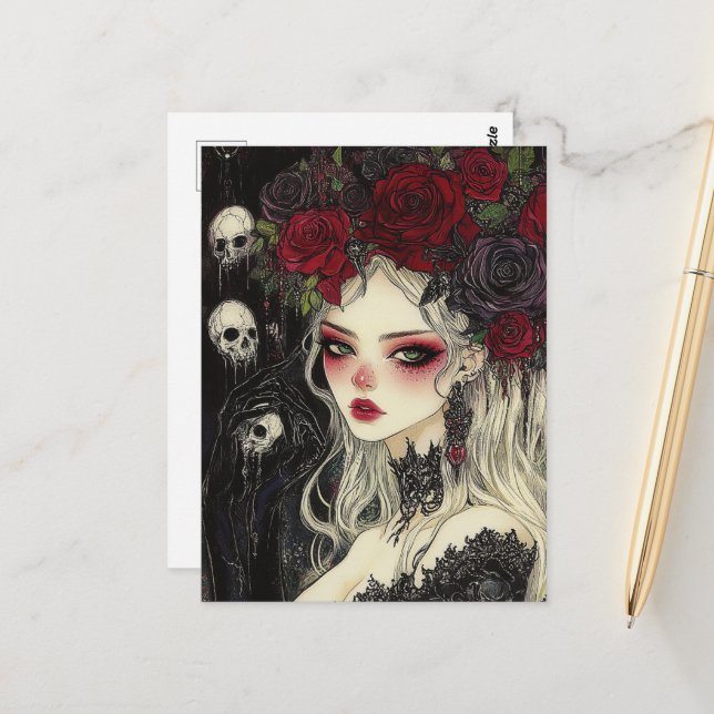 Carte Postale Crânes et Roses Perséphone (Devant/Arrière en situation)