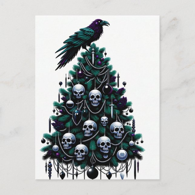 Carte Postale Crânes gothiques et corbeau Arbre de Noël (Devant)