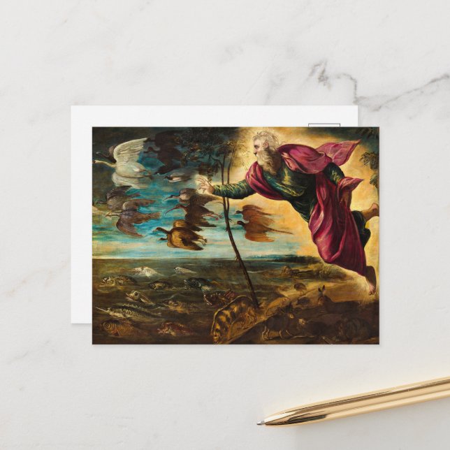 Carte Postale Création des Animaux, 1553 par Jacopo Tintoretto (Devant/Arrière en situation)