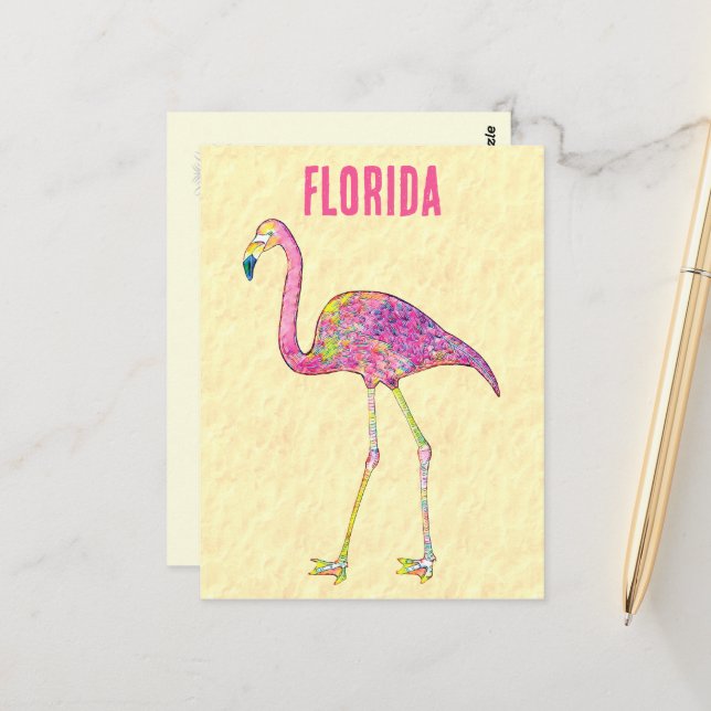 Carte Postale Création fantaisiste de flamant rose en mosaïque (Devant/Arrière en situation)