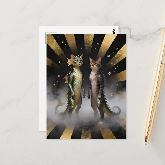Carte Postale Créatures félines-dragons mythiques (Devant/Arrière en situation)
