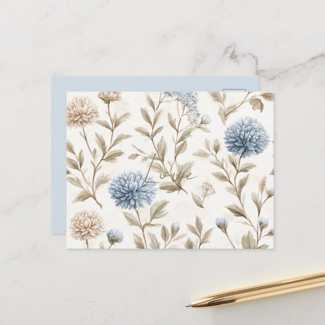 Carte Postale Crème Brun Fleurs Bleues Amour (Devant/Arrière en situation)