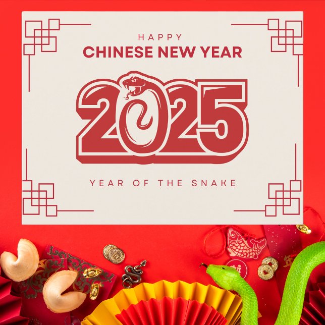 Carte Postale Crème et le Nouvel An Chinois Rouge 2025 Serpent (Créateur téléchargé)