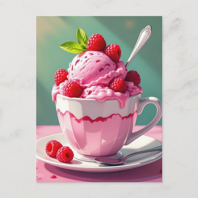 Carte Postale Crème glacée framboise dans une coupe de café rose (Devant)
