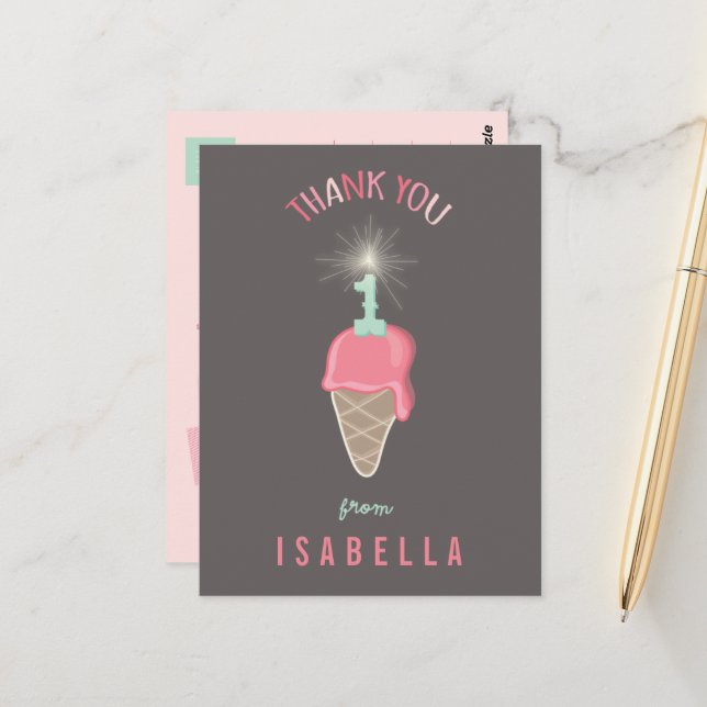 Carte Postale Crème glacée Sparkler Girl 1er anniversaire Merci (Devant/Arrière en situation)