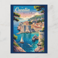 Croatie Dubrovnik Illustration Voyage Art Vintage
