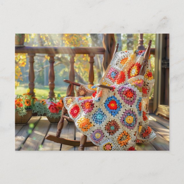Carte Postale Crochet Granny Square Blanket Lying on a Rocking C (Devant)