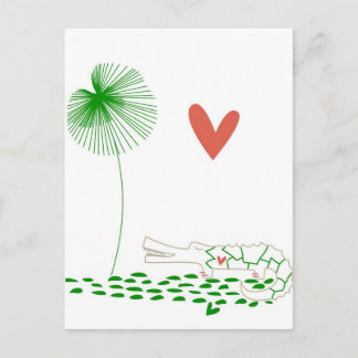 Carte Postale Crocodile minimaliste avec coeur et fleur verte.