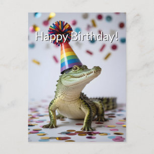 Carte Postale Crocodile portant un chapeau de fête d'anniversair