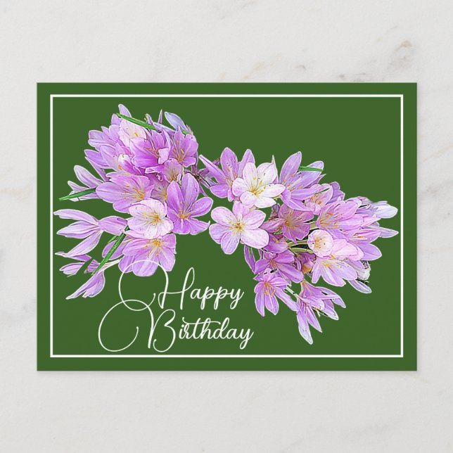 Carte Postale Crocus rose/violet Fond vert Joyeux Anniversaire (Devant)
