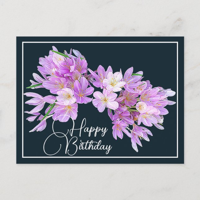 Carte Postale Crocus rose/violet Gris Arrière-plan Joyeux Annive (Devant)