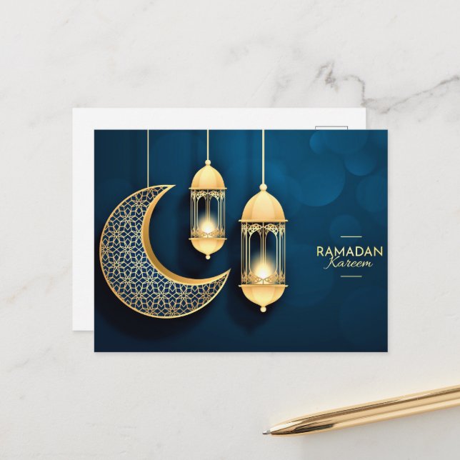 Carte Postale Croissant d'or et lanterne Ramadan Kareem (Devant/Arrière en situation)
