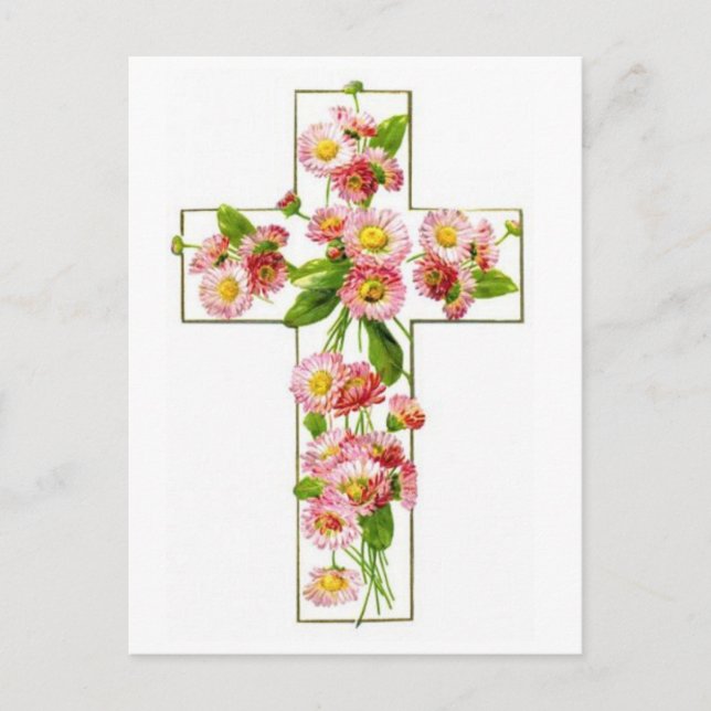 Carte Postale Croix blanche aux fleurs roses (Devant)