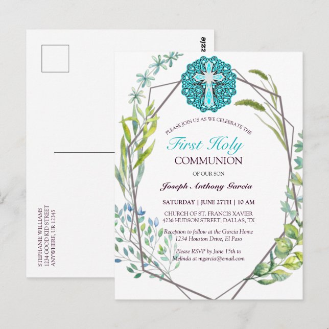 Carte Postale Croix Bleue Printemps Floral Première Communion Sa (Devant / Derrière)