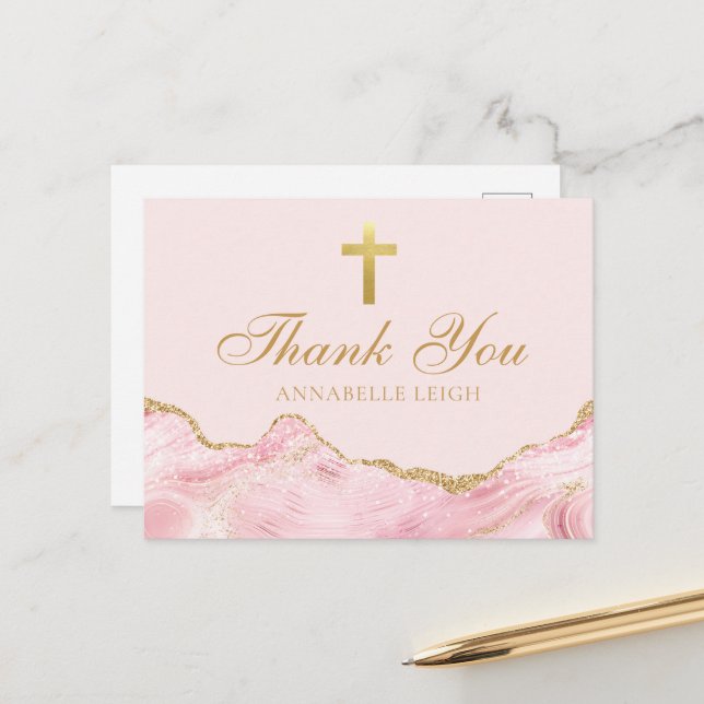 Carte Postale Croix chrétienne rose or Merci personnalisé (Devant/Arrière en situation)