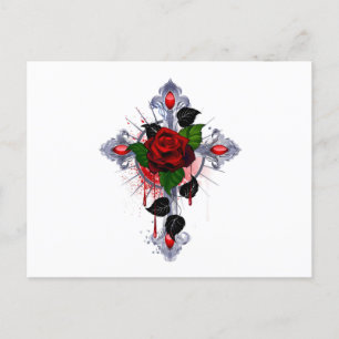 Carte Postale Croix d'argent avec une rose rouge