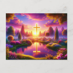 Carte Postale Croix d'or dans un paradis céleste