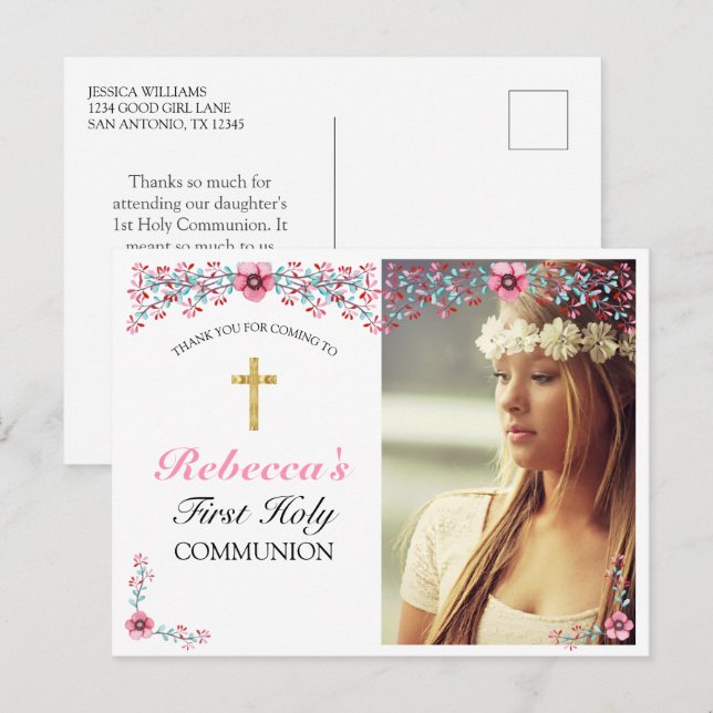 Carte Postale Croix d'or rose Floral Premier Merci de communion (Devant / Derrière)
