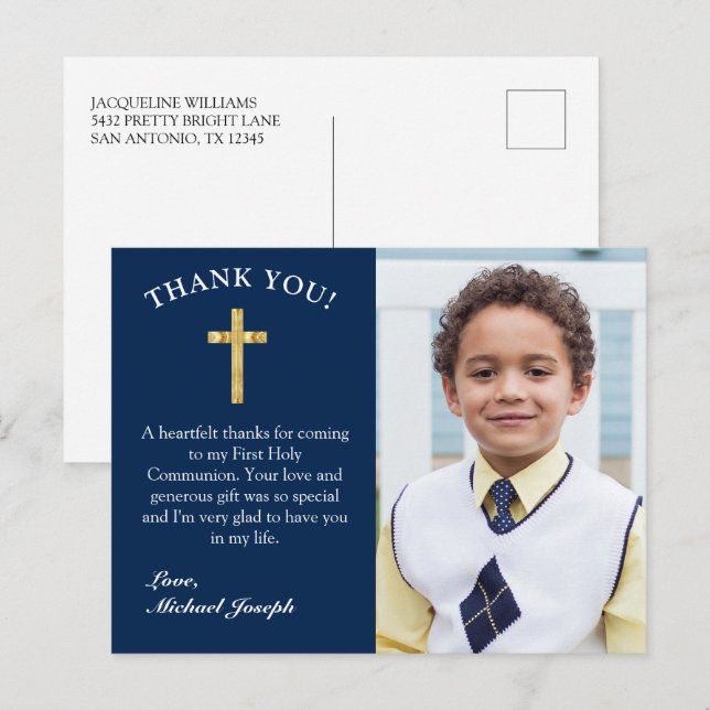 Carte Postale Croix d'or simple bleu foncé 1ère communion Merci (Devant / Derrière)