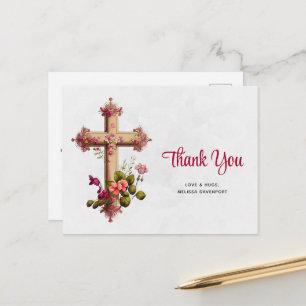 Carte Postale Croix élégante avec Merci de fleurs roses