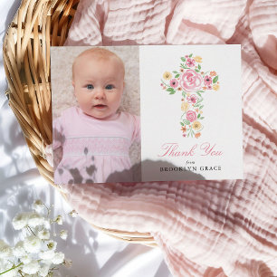 Carte Postale Croix florale rose Baptême / Merci Christening