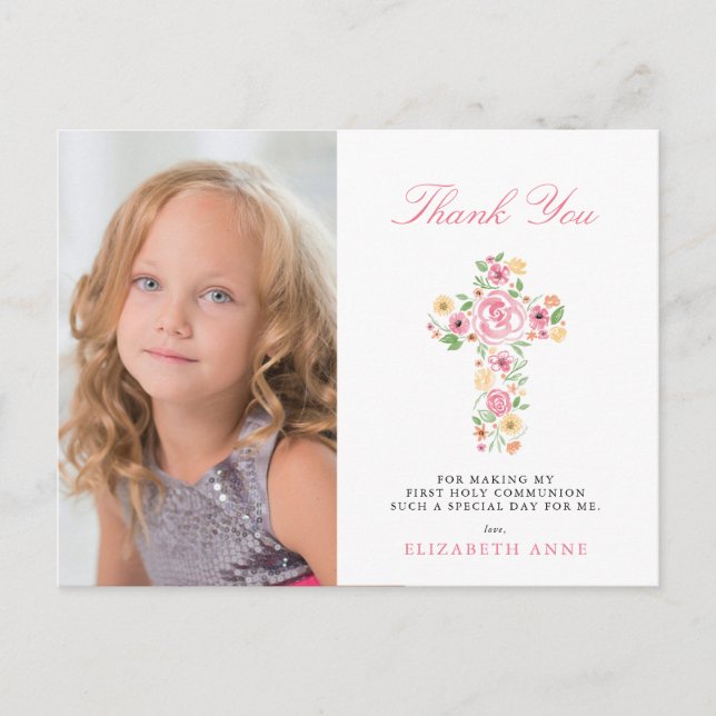 Carte Postale Croix florale rose Premier Merci de communion (Devant)