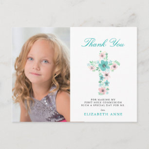 Carte Postale Croix turquoise Florale Première Communion Sainte