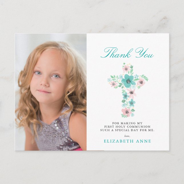 Carte Postale Croix turquoise Florale Première Communion Sainte  (Devant)
