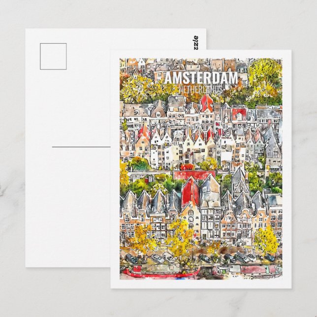 Carte Postale Croquis en aquarelle Amsterdam Pays-Bas Travel (Devant / Derrière)
