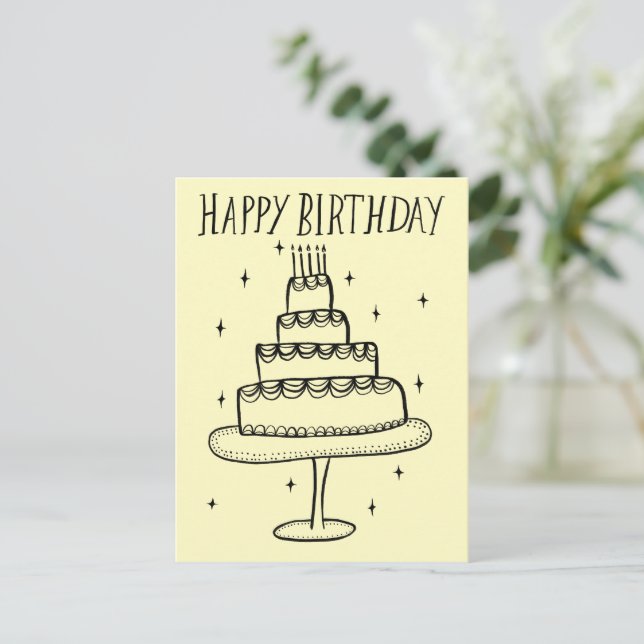 Carte Postale Croquis Fantaisiste de Gâteau d'Anniversaire Doodl (Debout devant)