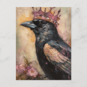 Carte Postale Crow à conte de verdure dans une couronne rose