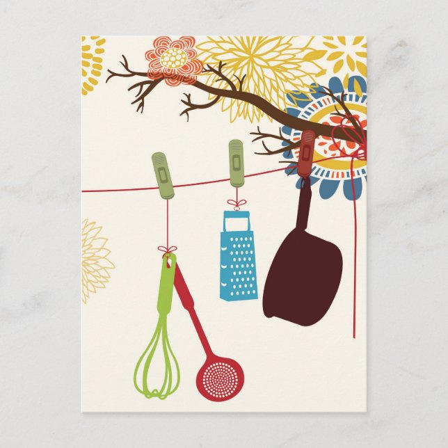 Carte Postale Cuisine toscane - Ustensiles sur floral. (Devant)
