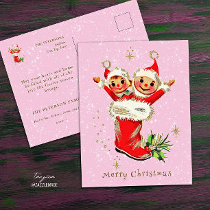 Carte Postale Cuisine Vintage Rétro Elfes de Noël rose