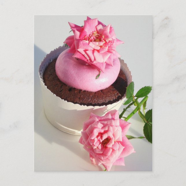Carte Postale Cupcake au chocolat avec Rose rose (Devant)