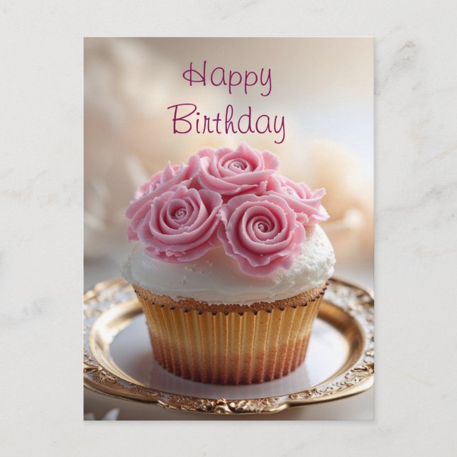 Carte Postale Cupcake Joyeux Anniversaire avec Roses à la Crème  (Devant)