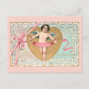 Carte Postale Cupid vintage avec coeur d'or, dentelle et ruban r