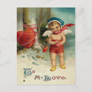 Carte Postale Cupidon cœur attaché à l'arbre