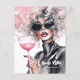 Carte Postale Curé fille rouge lèvres vigne robe noire aquarelle