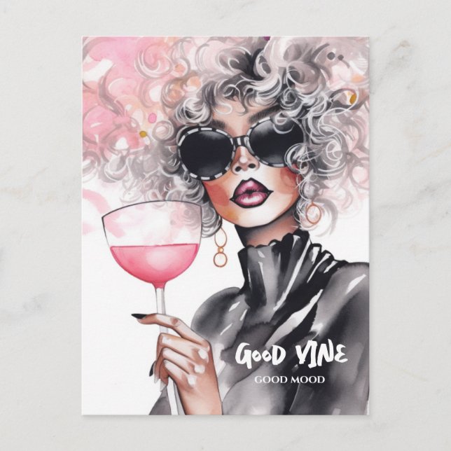 Carte Postale Curé fille rouge lèvres vigne robe noire aquarelle (Devant)