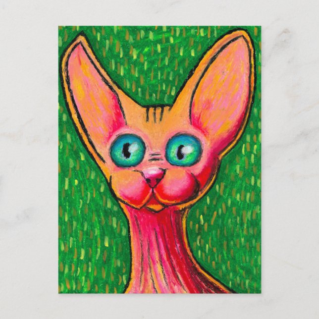 Carte Postale Curieux Happy Hairless Chat en Pétrole Pastel sur  (Devant)